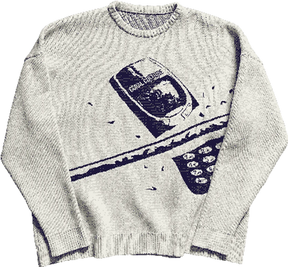 Gray sweater with a graphic design on a white background